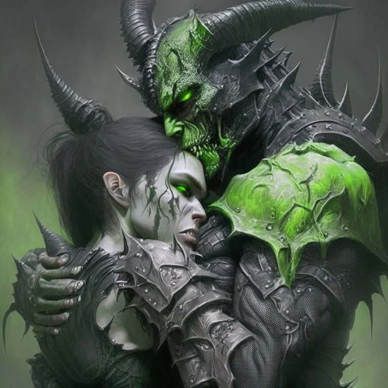 demonio de armadura negra y verde sujetando a una mujer del cuello en una pelea