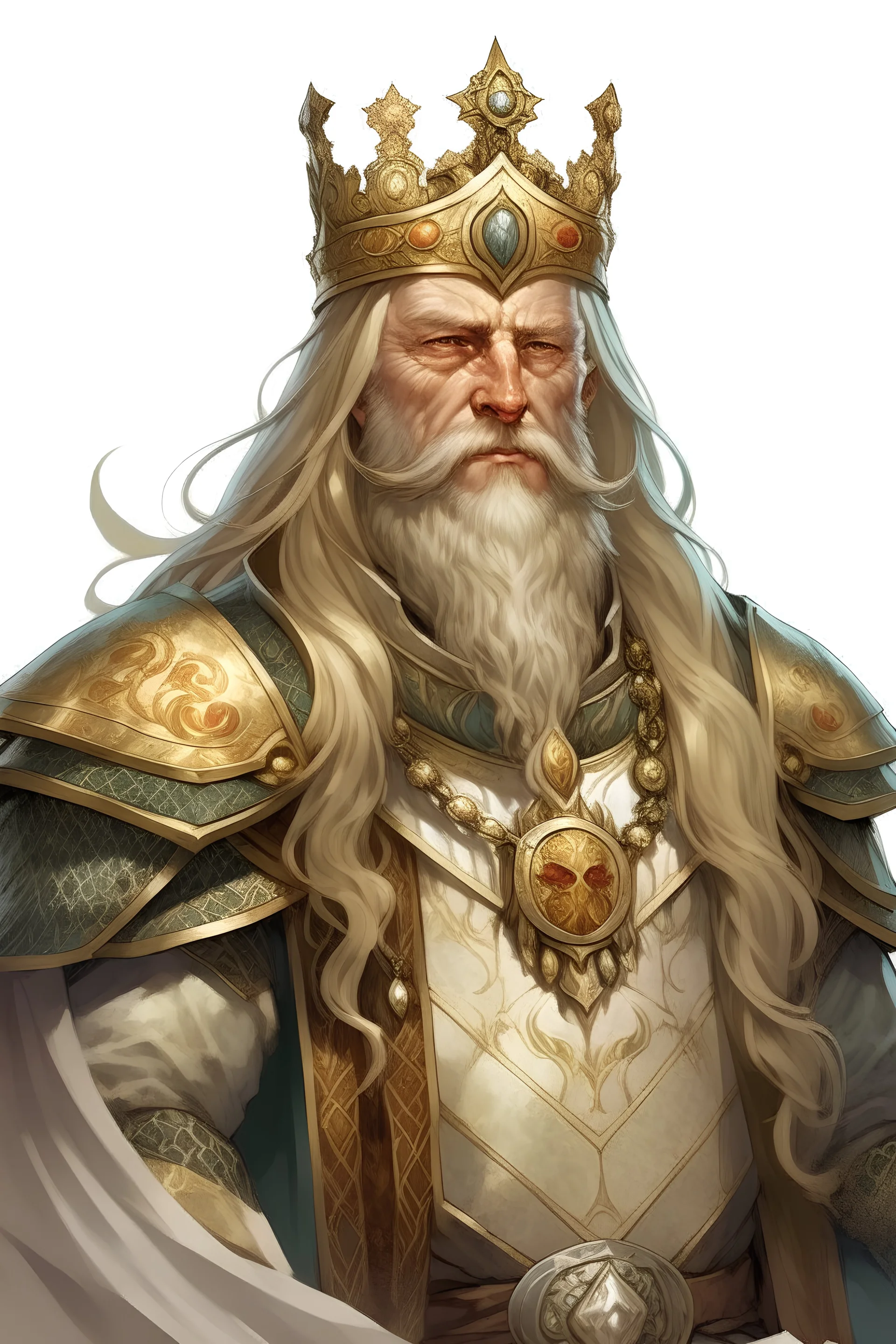 Generate me a male D&D character who is an old king wearing elaborate armor. They have long pale blonde hair and a short beard, along with old skin. And a crown, The background should be a white