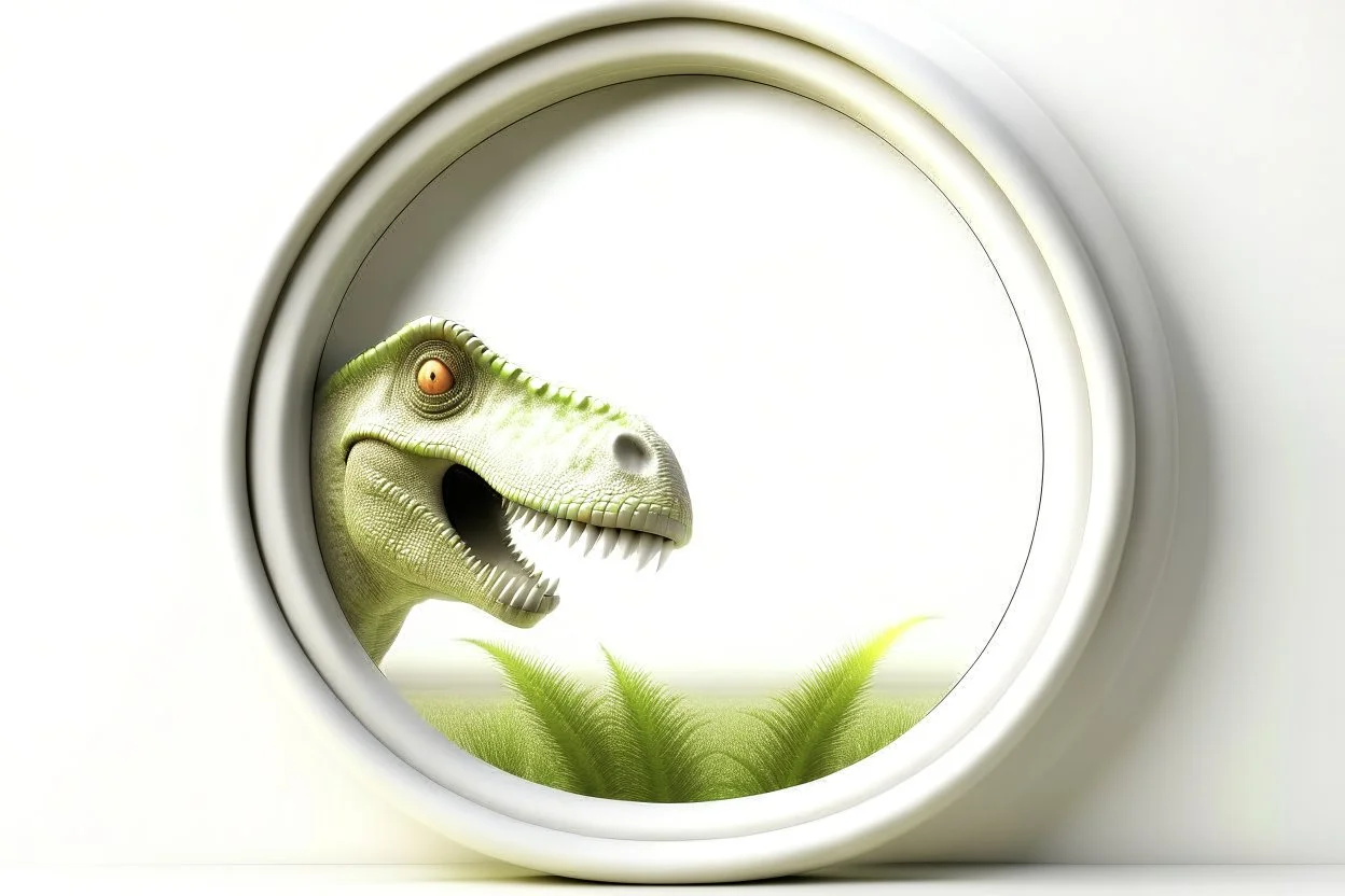 white,background,looking,through,a 3-d, hole,or,window,,a,seeing a dinosaur