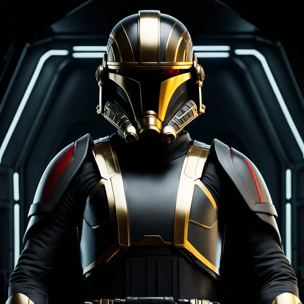 star wars bald male corellian pilot wearing pearlescent black and gunmetal grey First Order special forces heavy assault stealth commando armor and helmet with gold and red trim inside the jedi temple, hyperdetailed, dynamic lighting, hyperdetailed background, 8k resolution, volumetric lighting, light skin, fully symmetric details