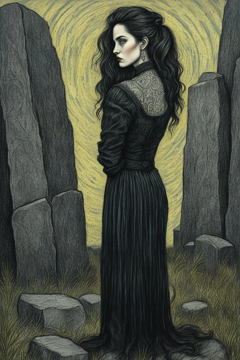 create a 3/4 profile full body oil pastel of a dark haired, , raggedly dressed, savage gothpunk vampire girl with highly detailed , sharply defined hair and facial features , in a dark circle of runic standing stones , in the style of JEAN-FRANCOIS MILLET and MARY CASSATT