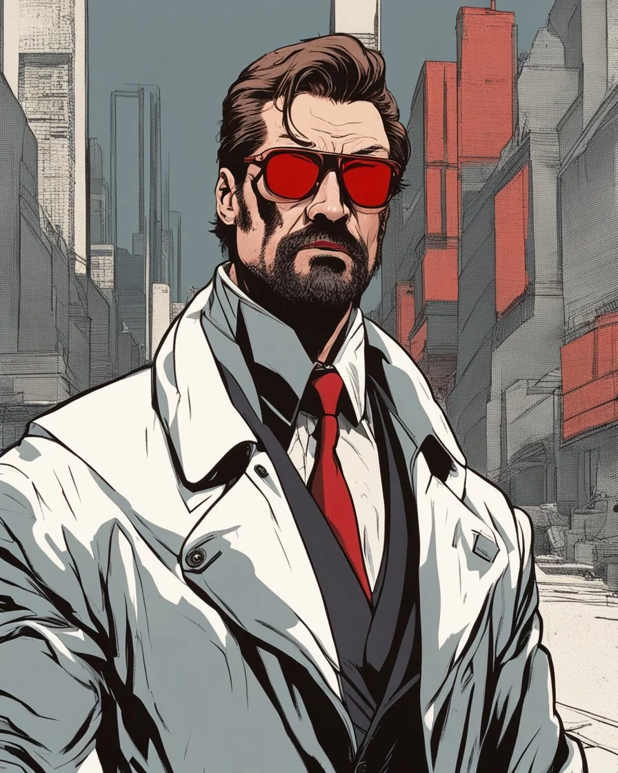 a young man with big muscles who looks like hans gruber wearing a heavy coat and red sunglasses staring with an irritated look on his face