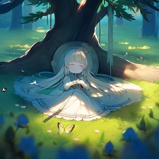 tiny anime girl sleeping in the distance, laying down in a field of flowers, underneath a willow tree, with a butterfly on her nose, hand detail looks human