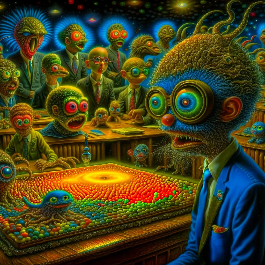 Hyperrealistic, spooky, dark, odd extraterrestrial being at work as a school teacher, many students, sharp focus, 8k, 3d, very detailed, volumetric light, grim, fine art, very colorful, ornate, insanely detailed and intricate, hypermaximalist, super detailed, decadent, Max Ernst style