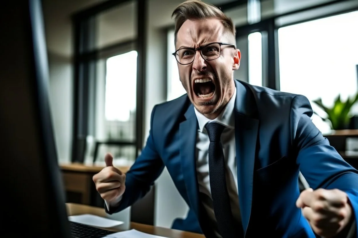 corporate man in office i screaming at employees. Swedish looks