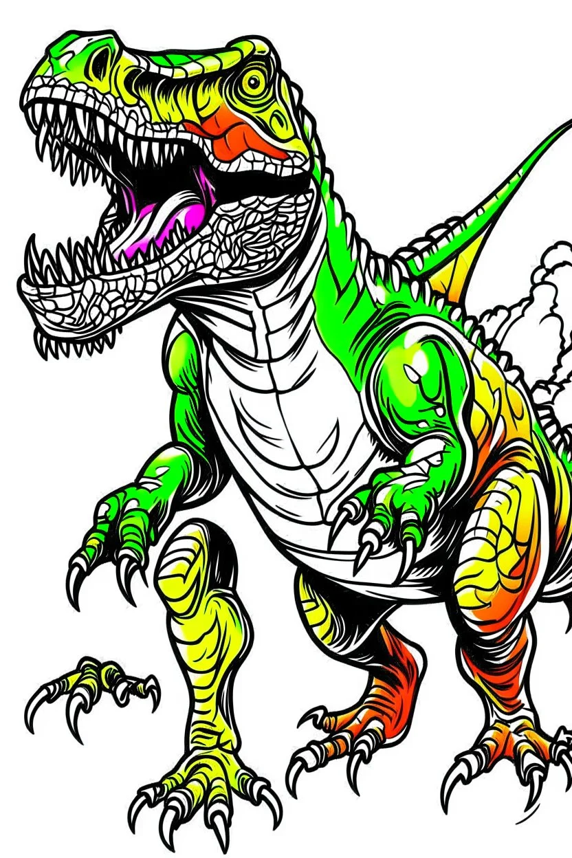 create a coloring page, white background Illustrate a T-Rex displaying its formidable size and strength by standing on its hind legs and bellowing loudly to deter intruders. T-Rex with vibrant colors to emphasize its dominance. ink drawing clipart, simple line illustrations, colored