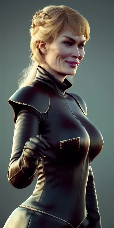 Cersei Lannister as evil mistress in black leather, dominatrix, bdsm, busty, cleavage, curvy, lena headay, angry, stern look. character design by cory loftis, fenghua zhong, ryohei hase, ismail inceoglu and ruan jia. unreal engine 5, artistic lighting, highly detailed, photorealistic, fantasy