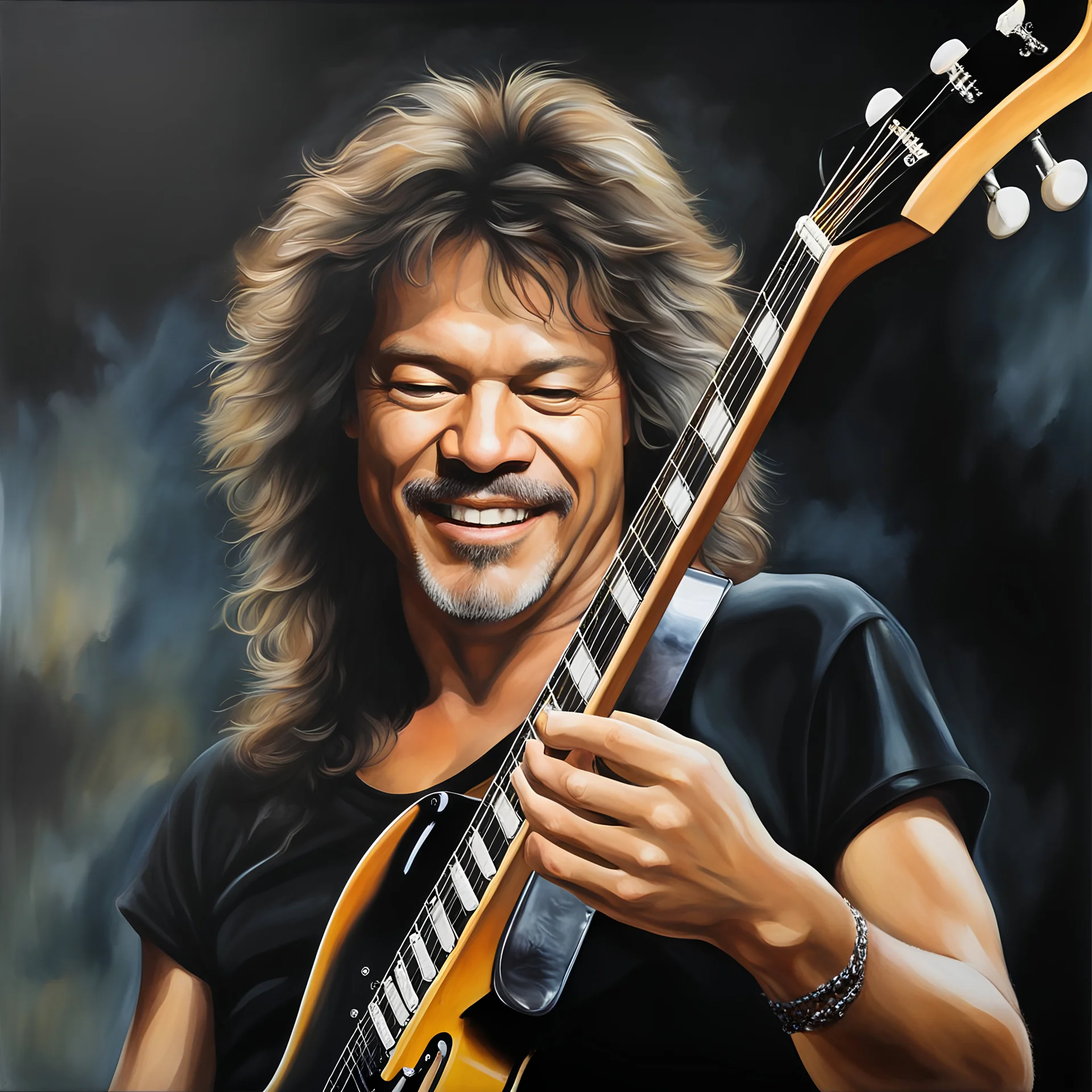 Eddie Van Halen Facial Portrait, dark, multicolored watercolor stained wall in the background, oil painting in the art style of Boris Vallejo, 32k UHD, Hyper realistic, photorealistic, realistic, sharp, highly detailed, professional quality, beautiful, awesome, majestic, superb, trending on artstation