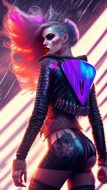 Harley Queen, violent, high delicate defined details, beautiful, atmospheric, rain, matte, 3 d 8 k octane rendered, sharp focus, illustration, holographic undertones, high detail, ultra realistic, highly saturated colors