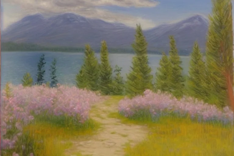 Mountains, lake, flowers, pathway, pine trees, clouds, otto pippel impressionism painting