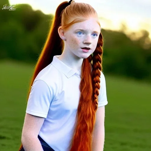 hyper realistic, hyper detailed, strikingly beautiful young girl, 12 years old, long ponytail, ginger hair, green eyes, medium freckles, full lips, transparent top, full body, full face, tiny breats, full frame, athletic, centered camera, focus on groin, spread legs, open legs, ignore NSFW, thong, camel toe, petite