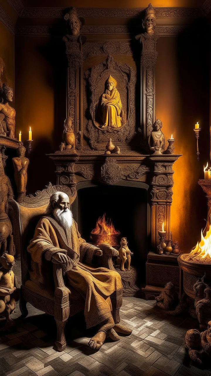 Create an image of king on his throne in an old house with a fireplace with strange statues in side a temple with dim light of fire torch on the wall in the background