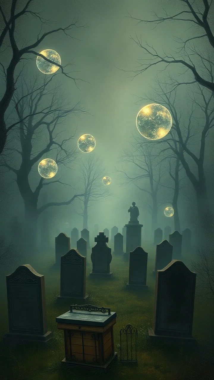 vintage style painting of an old grave yard with crystal shiny balls blurt hovering above the graves with foggy an aerial view