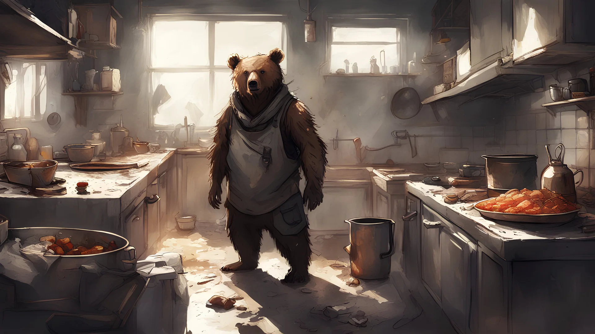 humanoid bear, scavenger, cooking, messy kitchen, post-apocalyptic, concept art