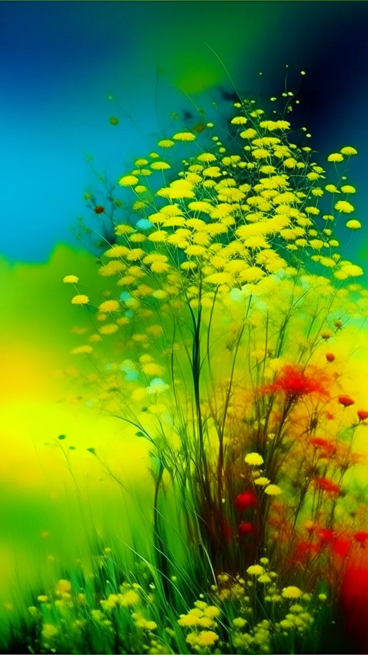 a smear . Field of wild a colorful flowers watercolor drawing on a blue splash colors background