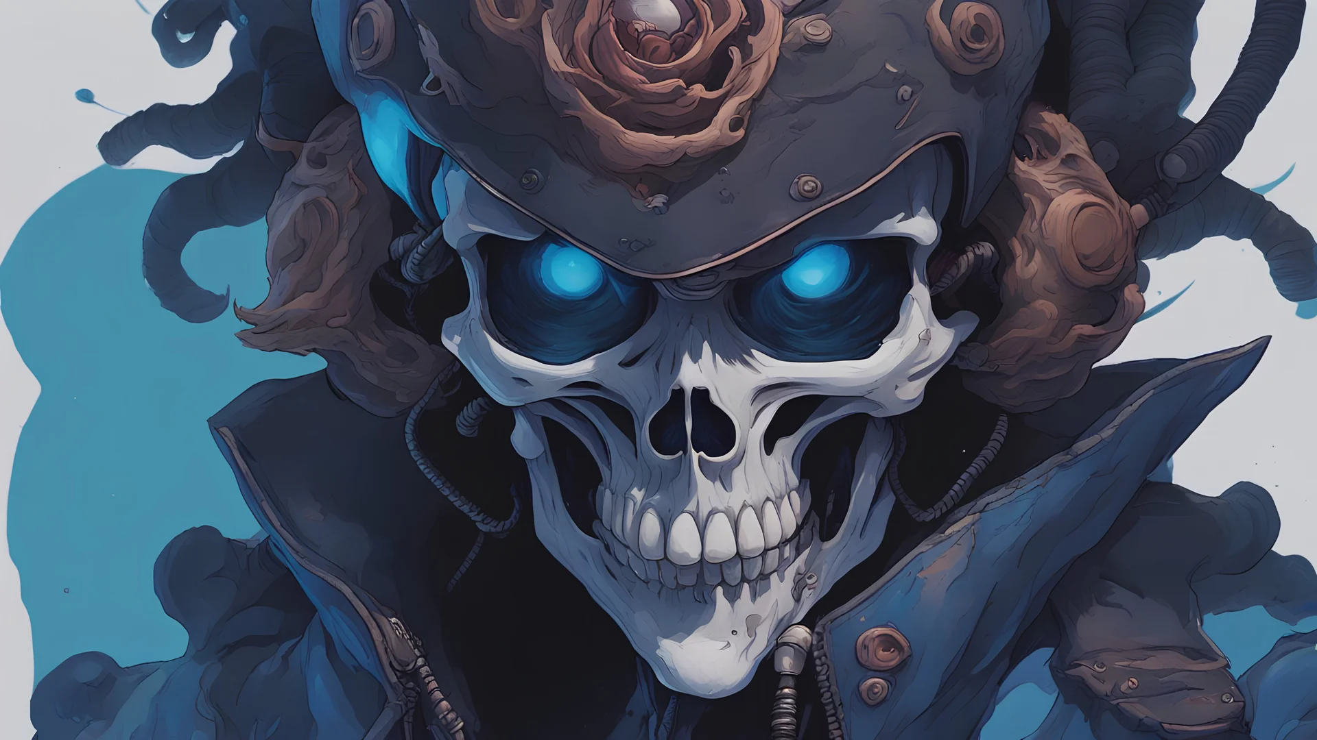 a close up of a person with a skull on their head, blue and black colors, anime skull portrait man, scary detailed art in color, hiroyuki-mitsume takahashi, nychos art aesthetic, half man half skeleton, anime cyberpunk art, colored manga art, rossdraws pastel vibrant, hot colors. insanely detailed, beautiful anime portrait, stunning anime face portrait, scary art in color