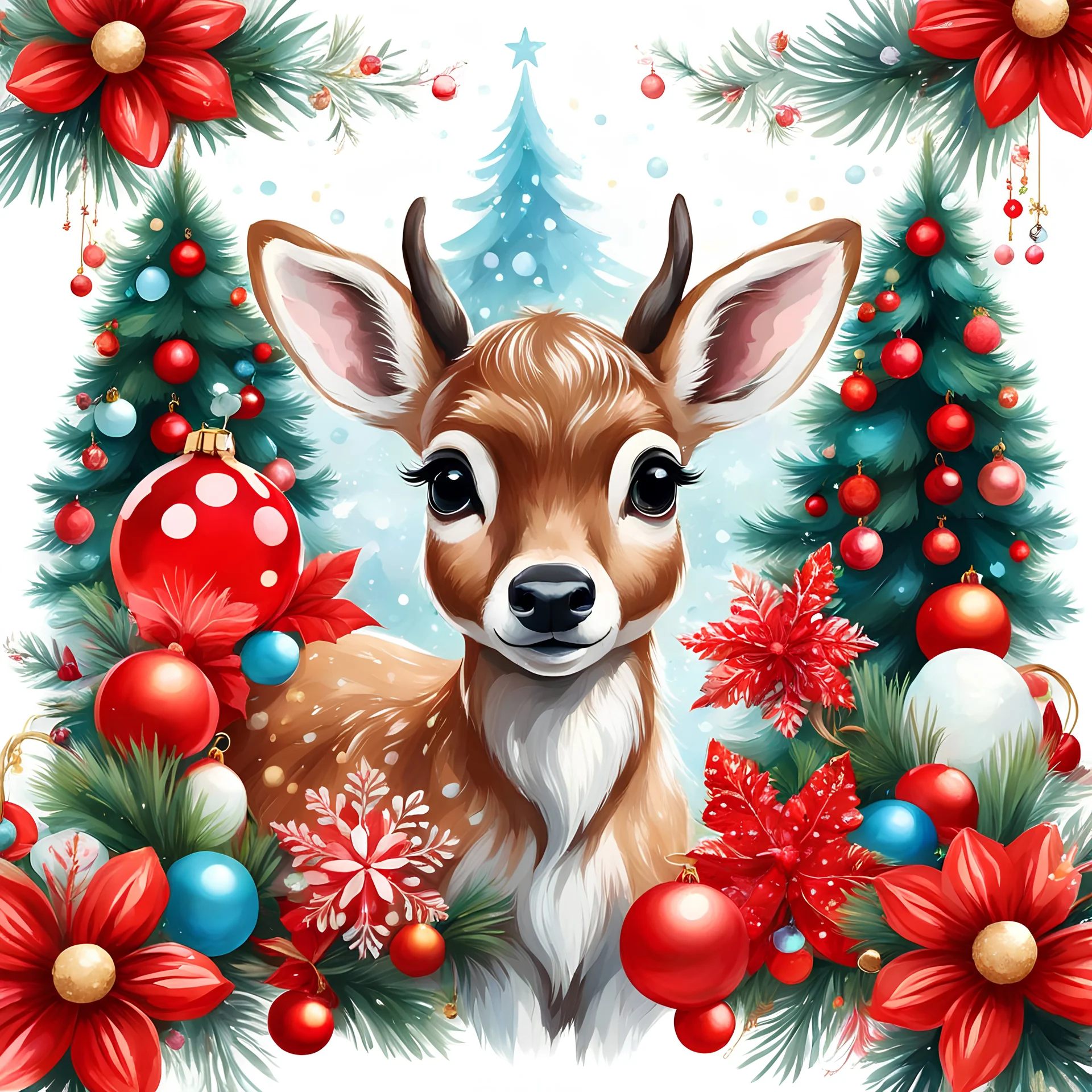 A detailed illustration a print of vivid fantastically beautiful cute fawn enjoying holiday with Christmas decorations, in the middle of the white background, fantasy christmas flowers splash, vintage t-shirt design, in the style of Konstantin Razumov, white and red flora pastel tetradic colors, 3D vector art, cute and quirky, fantasy art, watercolor effect, bokeh, Adobe Illustrator, hand-drawn, digital painting, low-poly, soft lighting, bird's-eye view, isometric style, retro aesthetic, focuse