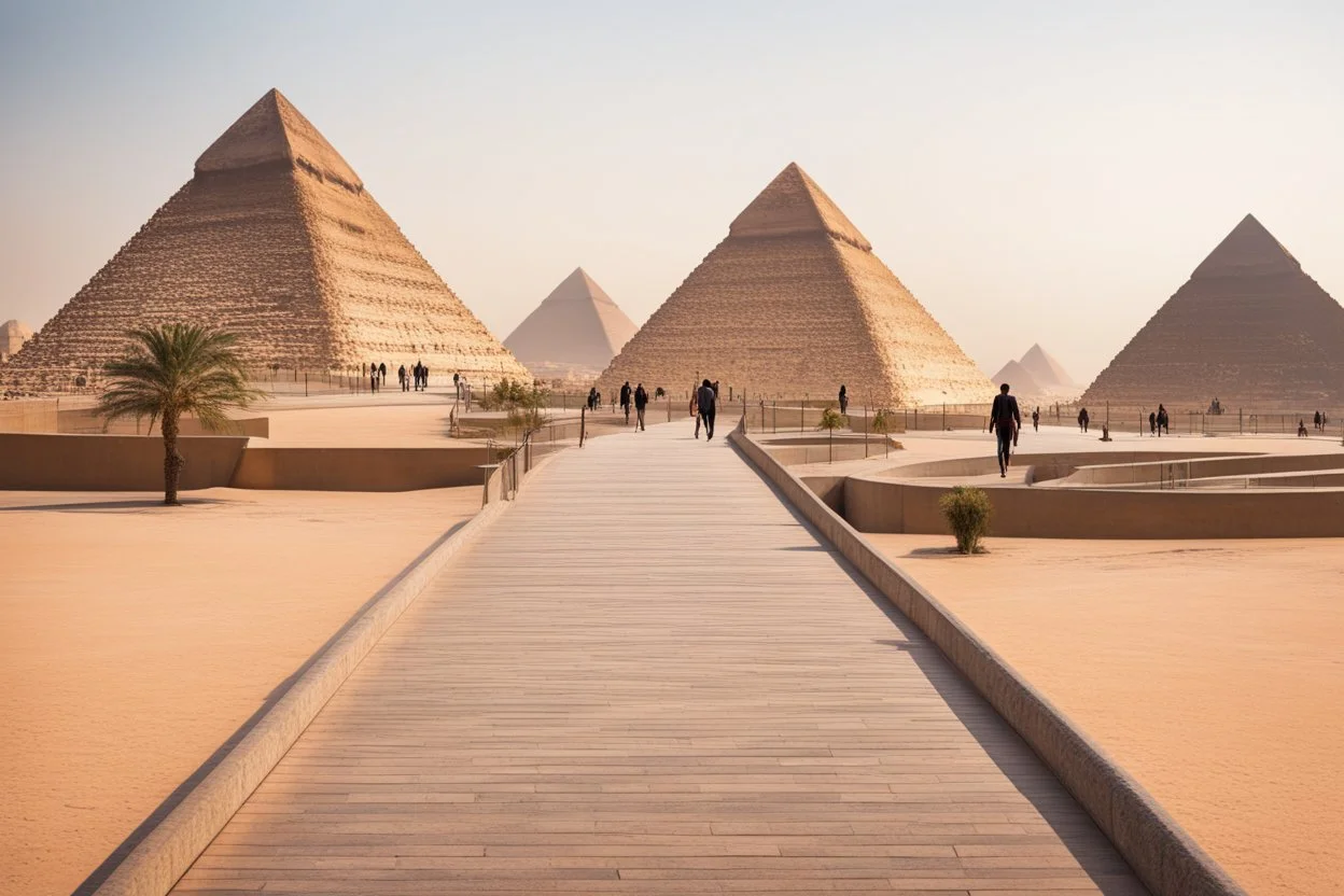 modern tourist walkway with giza pyramids