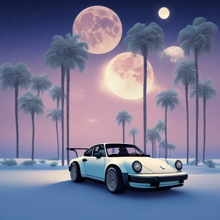 1980's aesthetic artwork vaporwave palm trees with lighting with moon with porsche in the winter snow