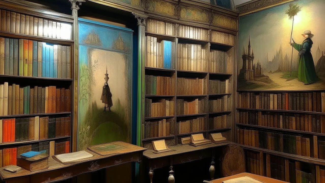 A library with fairytale books painted by Edgar Degas