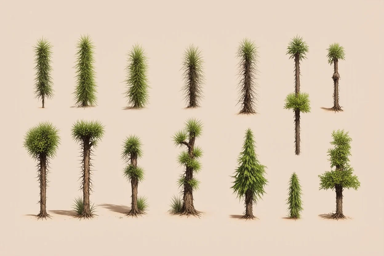 "Isolated concept art of multiple types of alien tree plant on a plain neutral background. Designed for Desert biome – dry, spiky, brittle grass with sharp edges, and pale dusty colors