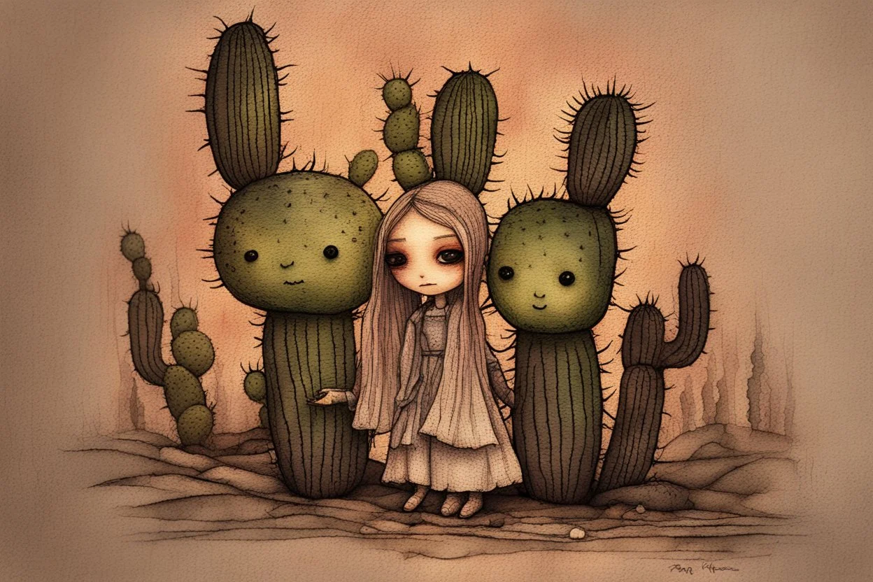 closeup, so much fluff, Cute chibi cacti fairy, painted and burned burlap, moonlight, styles of H. R. Giger, Paul Klee Dee Nickerson and Tim Burton, melting watercolor and black ink outlines on wet paper, soft, shading strokes, in candlelight, ethereal, otherwordly, cinematic postprocessing, bokeh, dof, S<AI