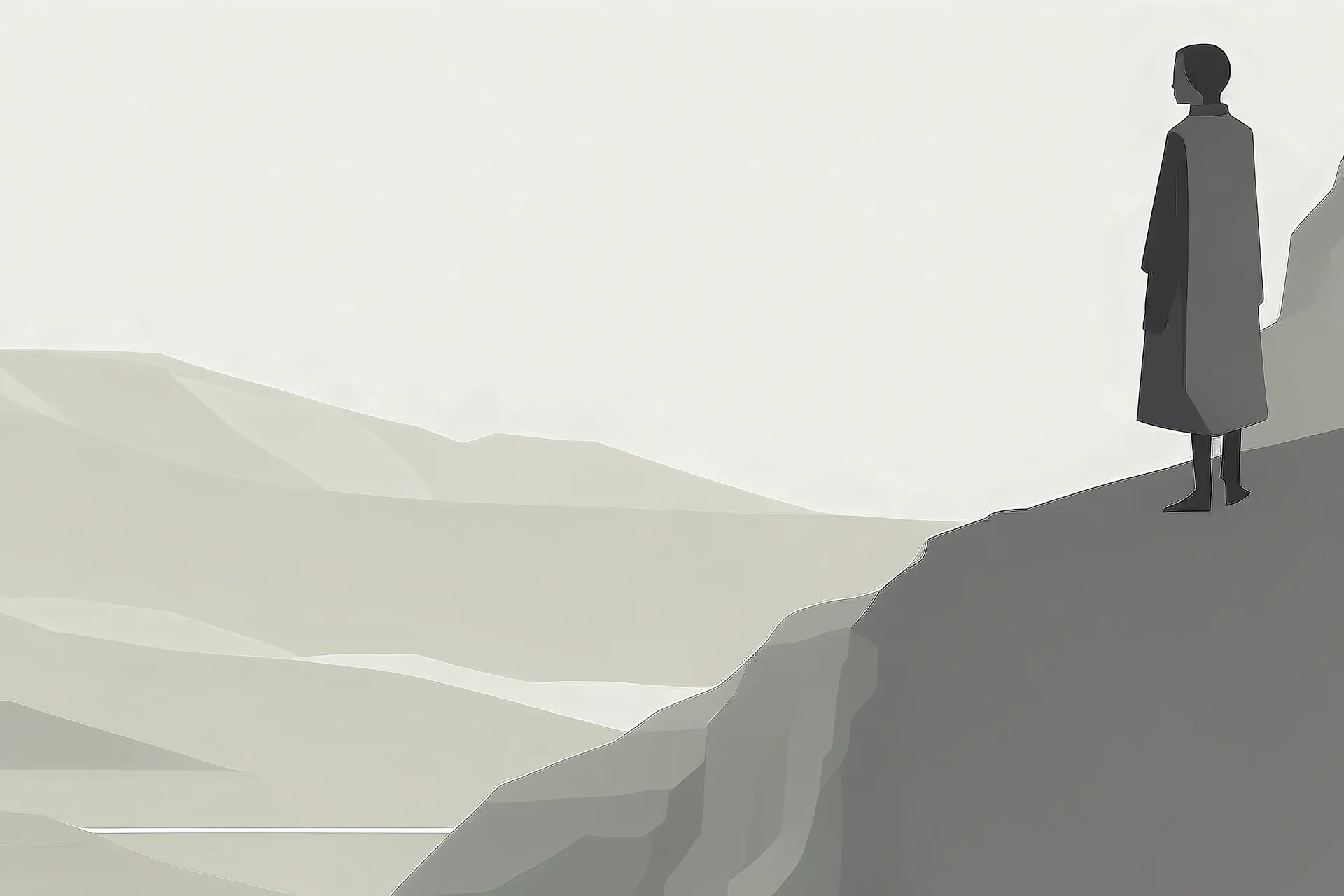 An enigmatic portrait of a figure standing at the edge of a cliff, overlooking a vast, unknown landscape, in the style of minimalism, simple shapes, limited color palette, and a focus on the subject's sense of wonder and curiosity, inspired by the works of Agnes Martin and Ellsworth Kelly, encouraging the viewer to contemplate the mysteries of the unknown.