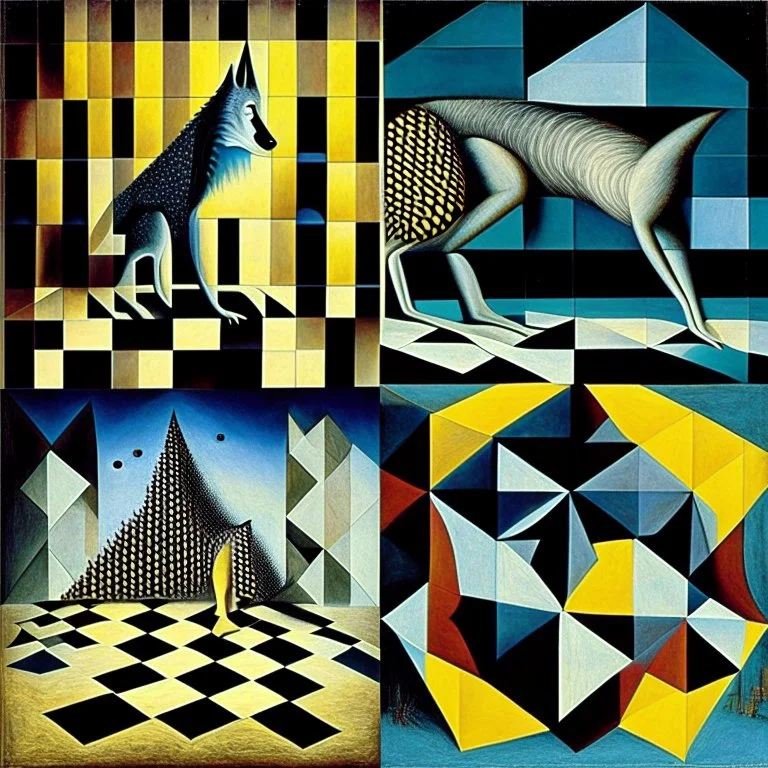 Abstract surreal art, by Jack Yerka and Colin McCahon and Victor Pasmore and Gabriel Pacheco, nostalgic long-limbed checkerboard pattern wolf, hypocrisy of fairy tales, geometric shapes, braille glyph textures