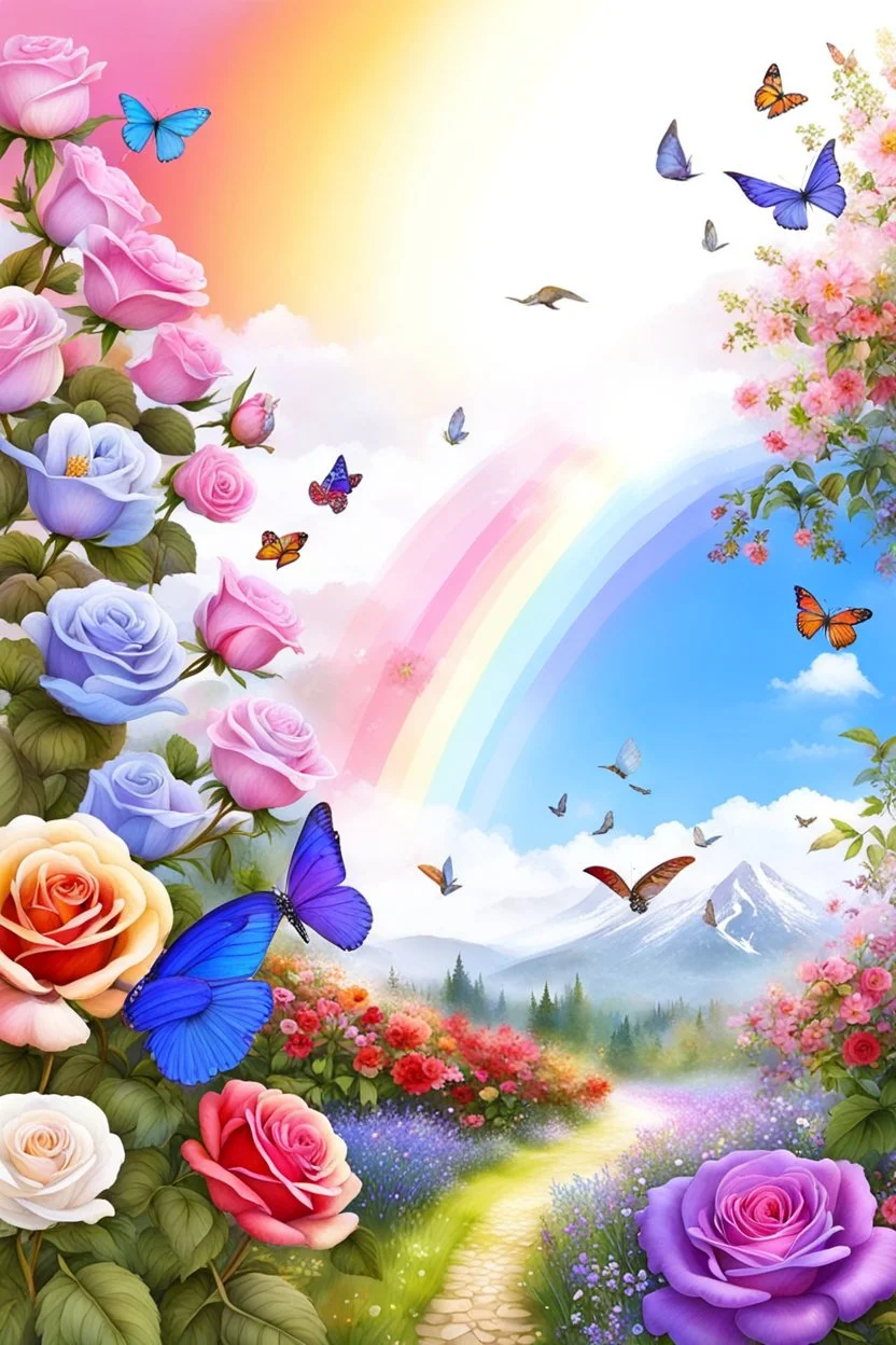 Trés belles roses, rainbows, beautiful colors gardens , flowers, cascades,Birds, butterfly
