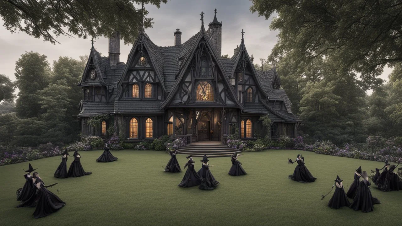 A gothic woodland house with a coven of witches dancing around a pentacle on a lawn in front of the house.