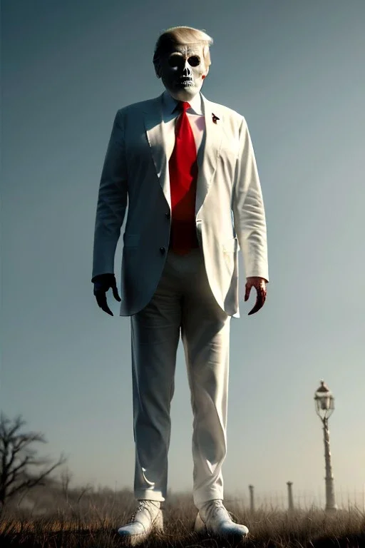 Ultra realistic image, Donald trump zombie, zombie performance, skull, blood, torn arm, night, walking twisted, waist up view, thriller style, dark ambient, highly detailed, White House background, concept art, unreal engine 5, god rays, ray tracing, RTX, focal lighting, ultra detail, volumetric lighting, 3d, finely drawn, high definition, high resolution.