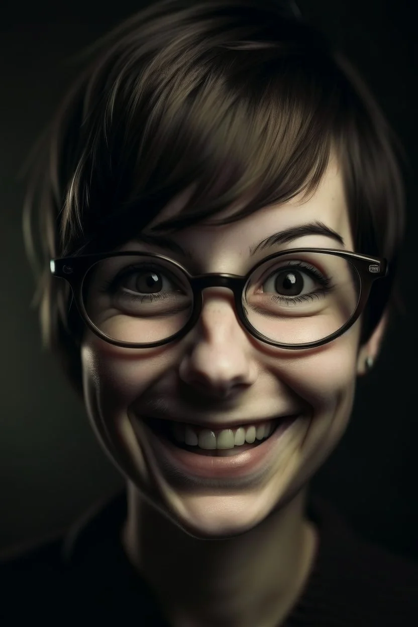 short hair fringe dark laugh woman big Big eyes glasses