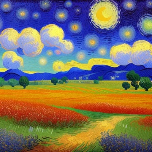 Dibujo al oleo de una pradera con muchas nubes de colores estilo Vincent van Gogh