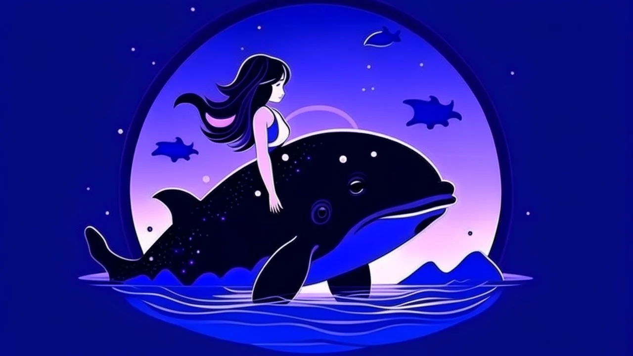 minimalism picture of pretty killer whale and girl on space background in violet color