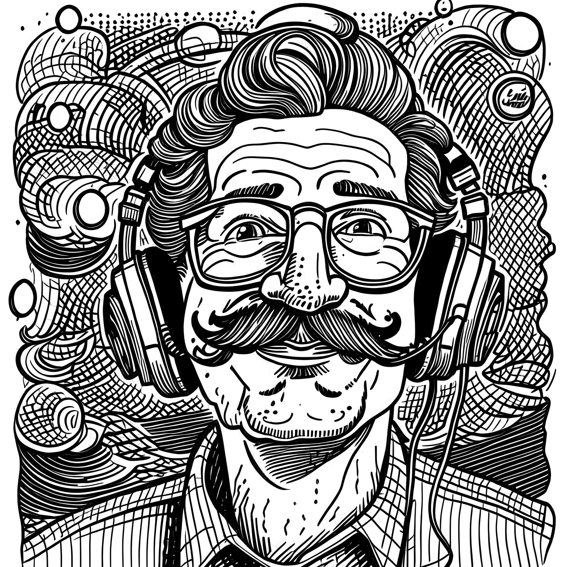 black ink on white paper illustration in the style of Robert Crumb, image of a very happy man with a mustache and glasses wearing over-ear headphones, blissfully receiving waves of love from the universe