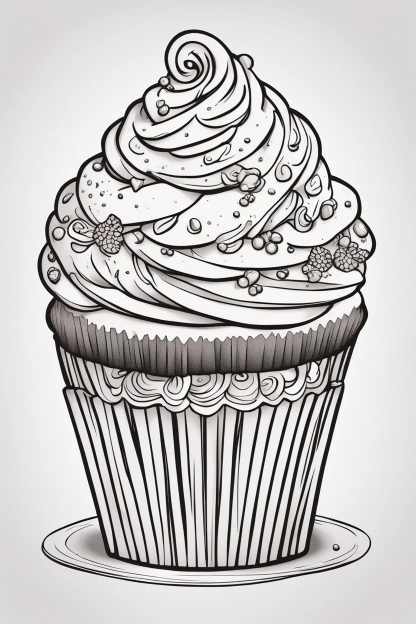 create a outlined coloring page of a smiling cup cake. Pay attention to the details of the faces and White background, sketch style, half of body, use outline, Mandala style, clean line art, no shadows, no coloring, no shading, no grey.