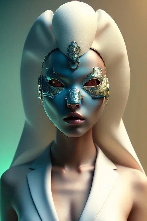 Portrait woman with Sweet Rabbit ceramic mask, suit, photo studio, color background, unreal engine 5, concept art, ray tracing, lumen lighting, ultra detail, volumetric lighting, 3d.