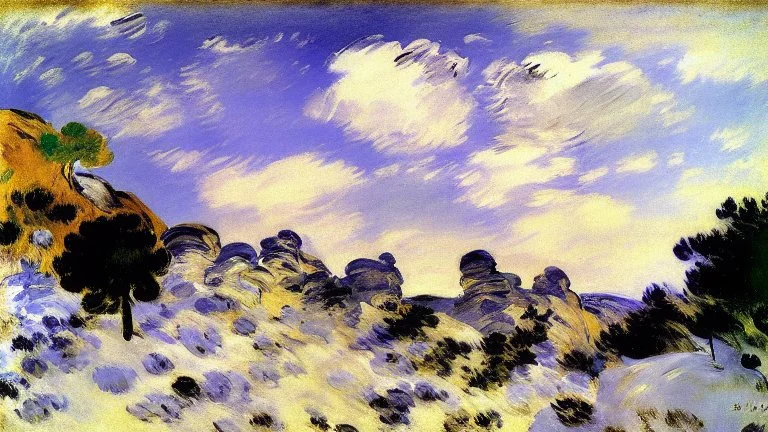 Big rocks, trees, clouds, winter, edouard manet impressionism painting