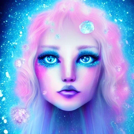 Face Angel crystalline,blond hair, blue eye ,pink , cosmic, opalescent, gemstones, crystals, other worldly,water,bright, ice background, snow lake blue