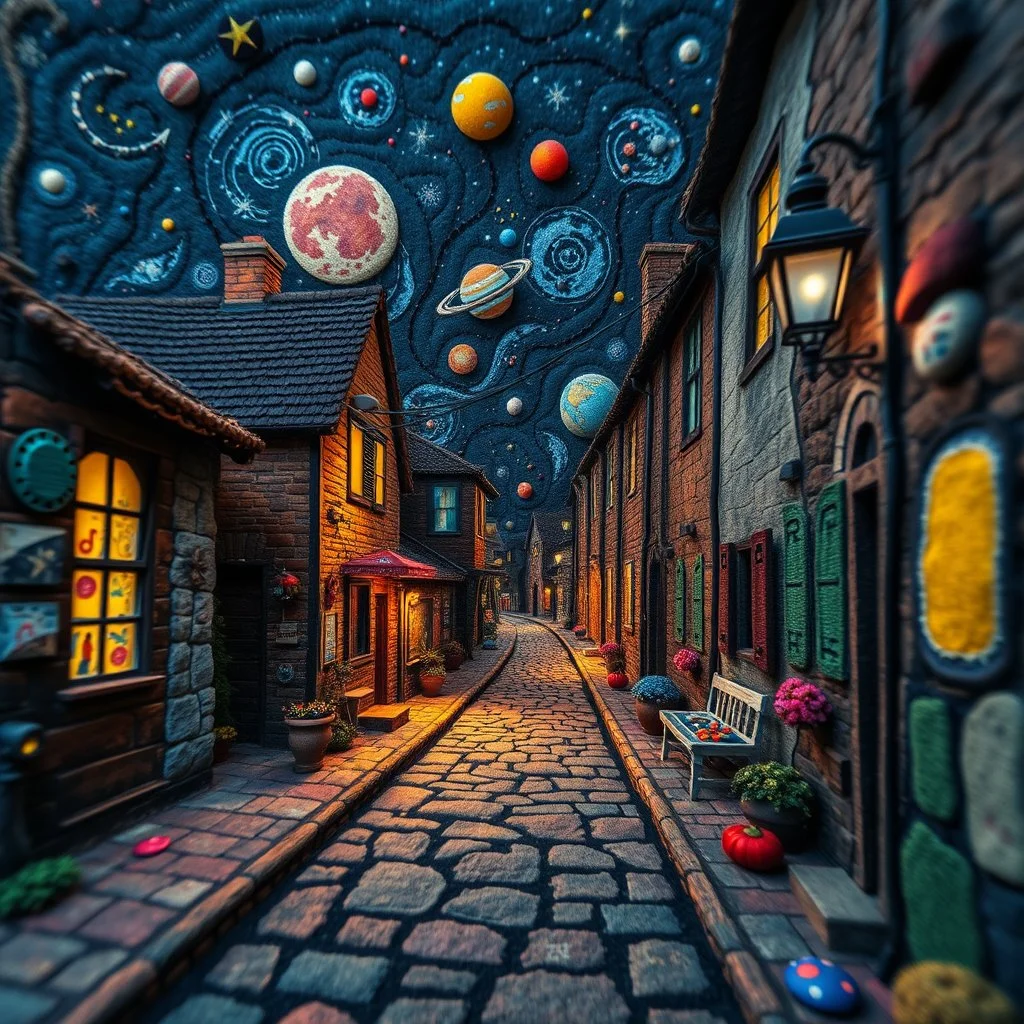 Photograph hasselblad h6d400c --ar 85:128 --v 6.0 of a fairy old bewitched street, made of felt, art, tiltshift, 3d deep field, galaxies and planets, needlepoint, Joan Miró, odd, abstract, expressionist style, colorful