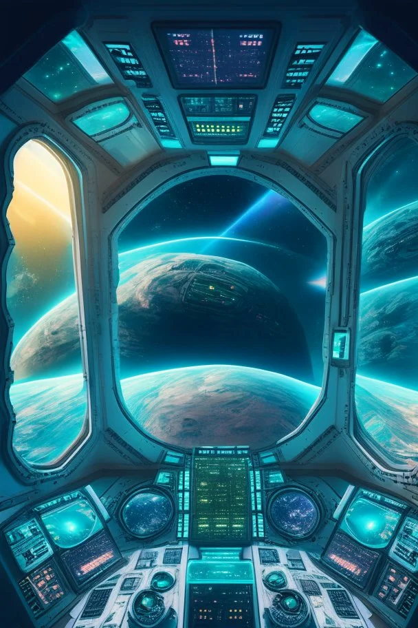 view from inside a huge spaceship with 3 aliens controling complex buttons and screens. Many windows in front showing the planet earth.