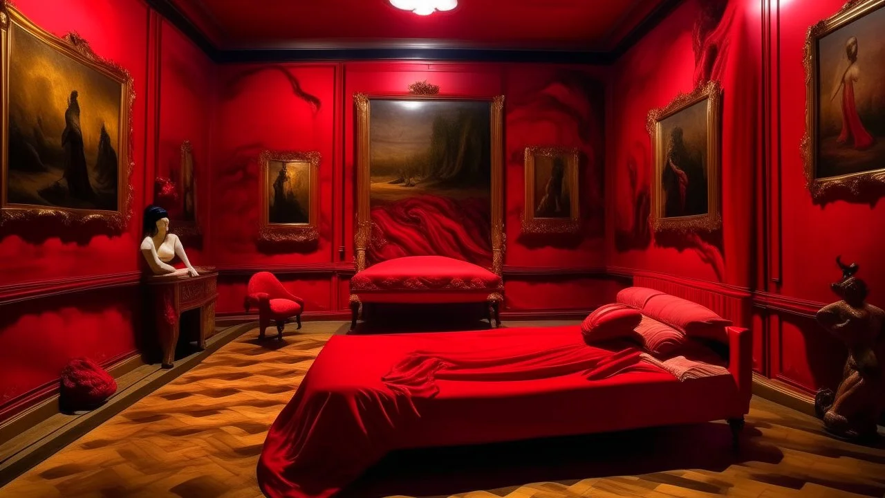 Room fully covered in red velvet fabric, identical walls floor and ceiling, a low bed in the center with a lying figure, warm light with no visible source, surreal painting style of Salvador Dalí.
