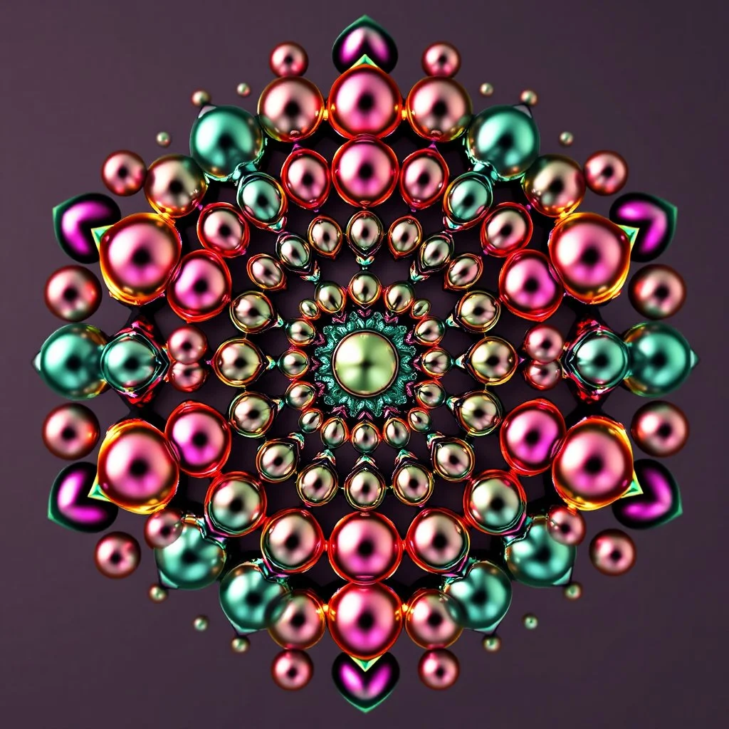 3d Kaleidoscope recursive made of a metallic random color pearl spheres,hexagon diamonds, turning many times likr Spirograph drawing Kaleidoscope Ruler Set creation