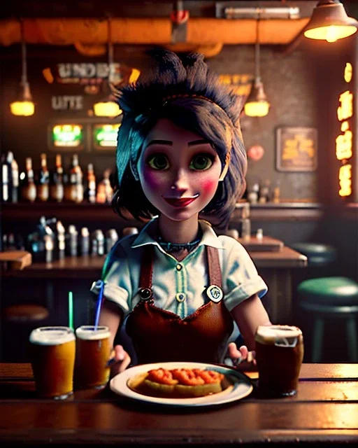 Pub scene, hybrid character, waitress sexy British woman with monster muppet mask that covers her entire head, Sesame Street style, retro style, short shirt, tray, beer, old school tattoo, hot, smooth, unreal engine 5, god lights, ray tracing, RTX, lumen lighting, ultra detail, volumetric lighting, 3d.