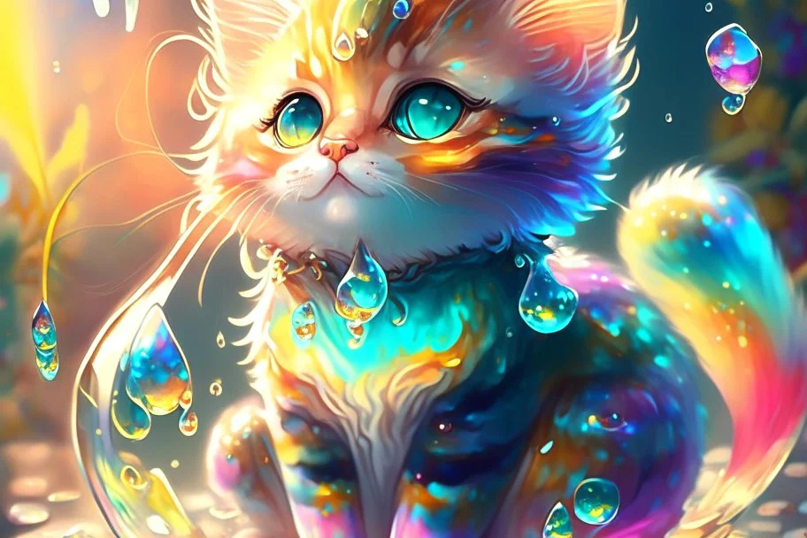 Cute chibi colourful Glass cat in style of Mariya Markina, digital painting; fantasy; very attractive; beautiful; high detail; cinematic postprocessing; acrylic art in sunshine