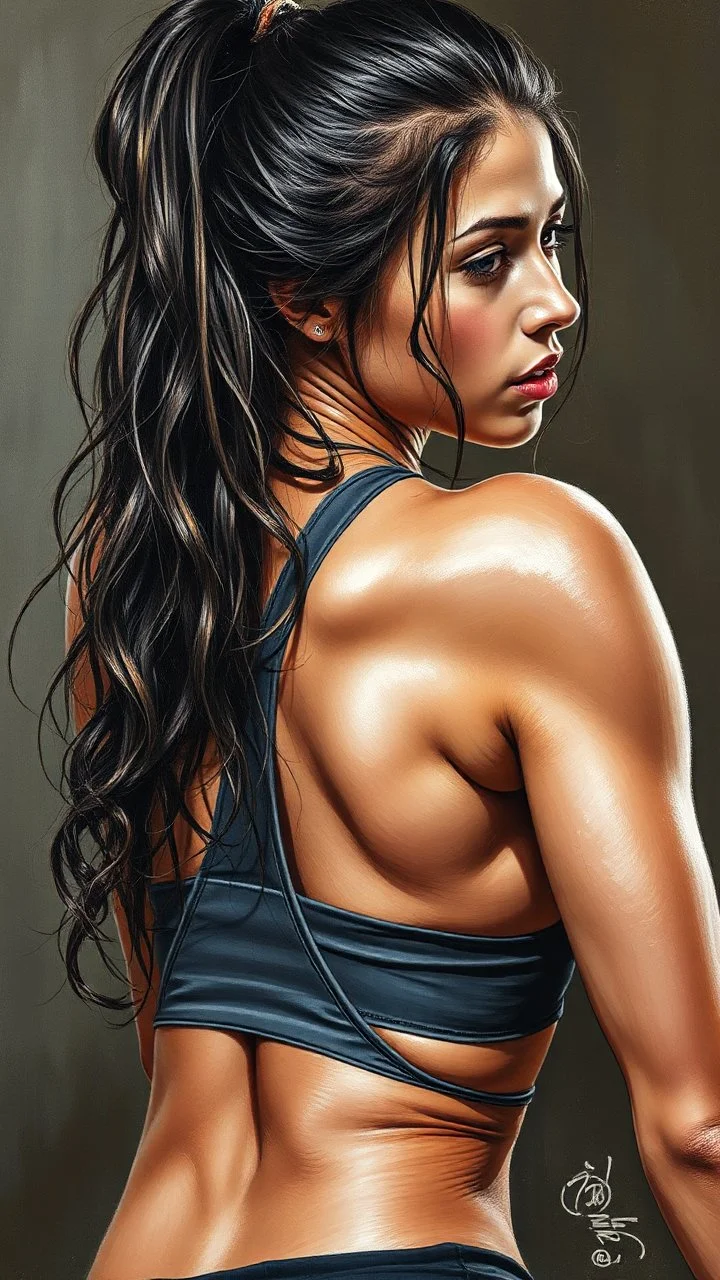 A stunningly athletic woman, her glistening skin accentuated by the wet, wavy hair cascading down her back. She strikes a dynamic pose in sleek sportswear, captured in a highly detailed, hyper-realistic oil and charcoal painting. The intricate brushwork brings out every curve and muscle in her physique, while the play of light and shadow adds depth to the image. This exquisite artwork exudes a sense of power and grace, showcasing the beauty and strength of the female athlete.