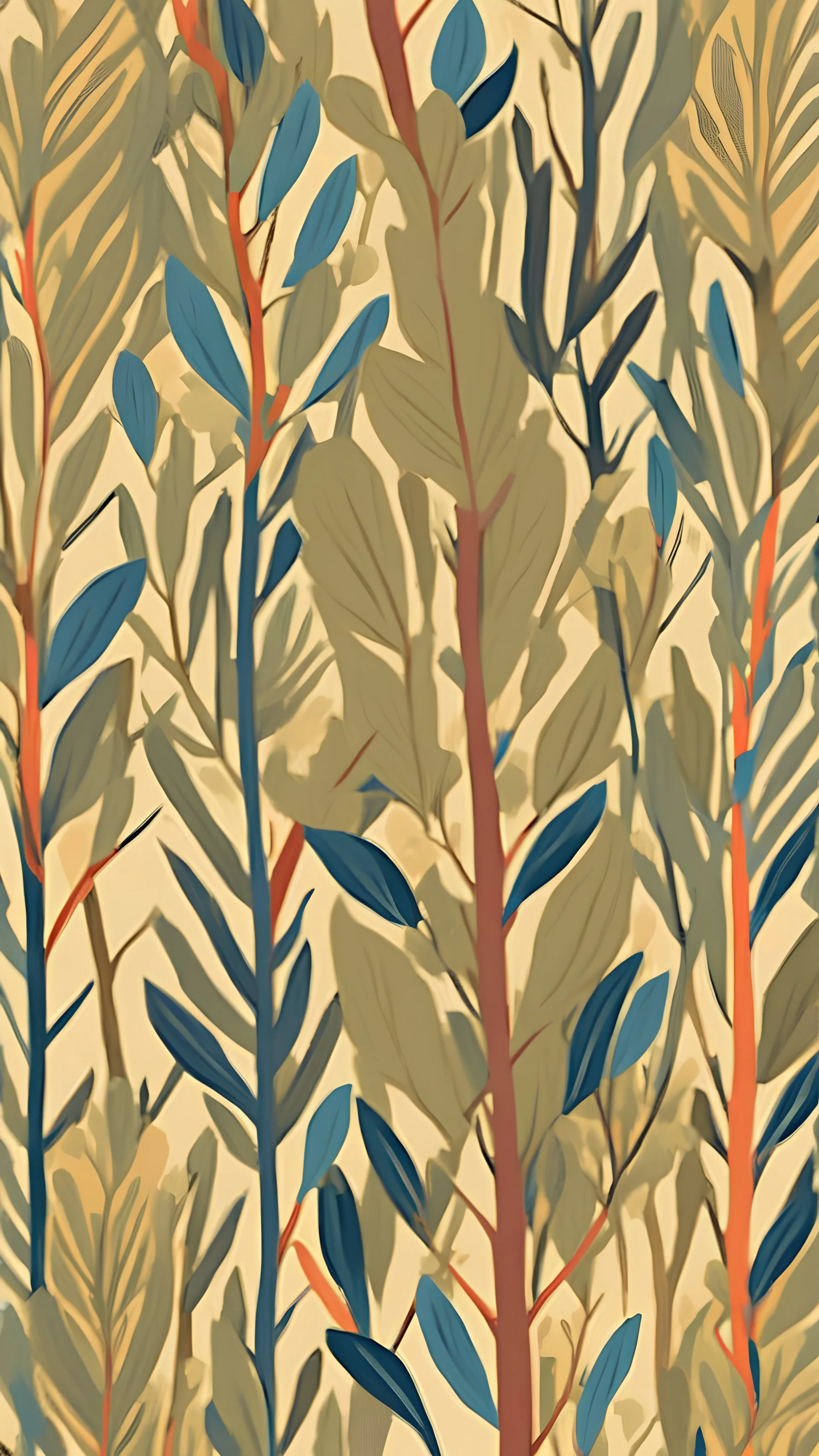 willow branches, woods, 2d, vector style, flat vector style, flat colors , floral pattern, repeat, wallpaper, art nouveau in Gouache Style, Watercolor, Museum Epic Impressionist Maximalist Masterpiece, Thick Brush Strokes, Impasto Gouache, thick layers of gouache watercolors textured on Canvas, 8k Resolution, Matte Painting kintsugi poster art