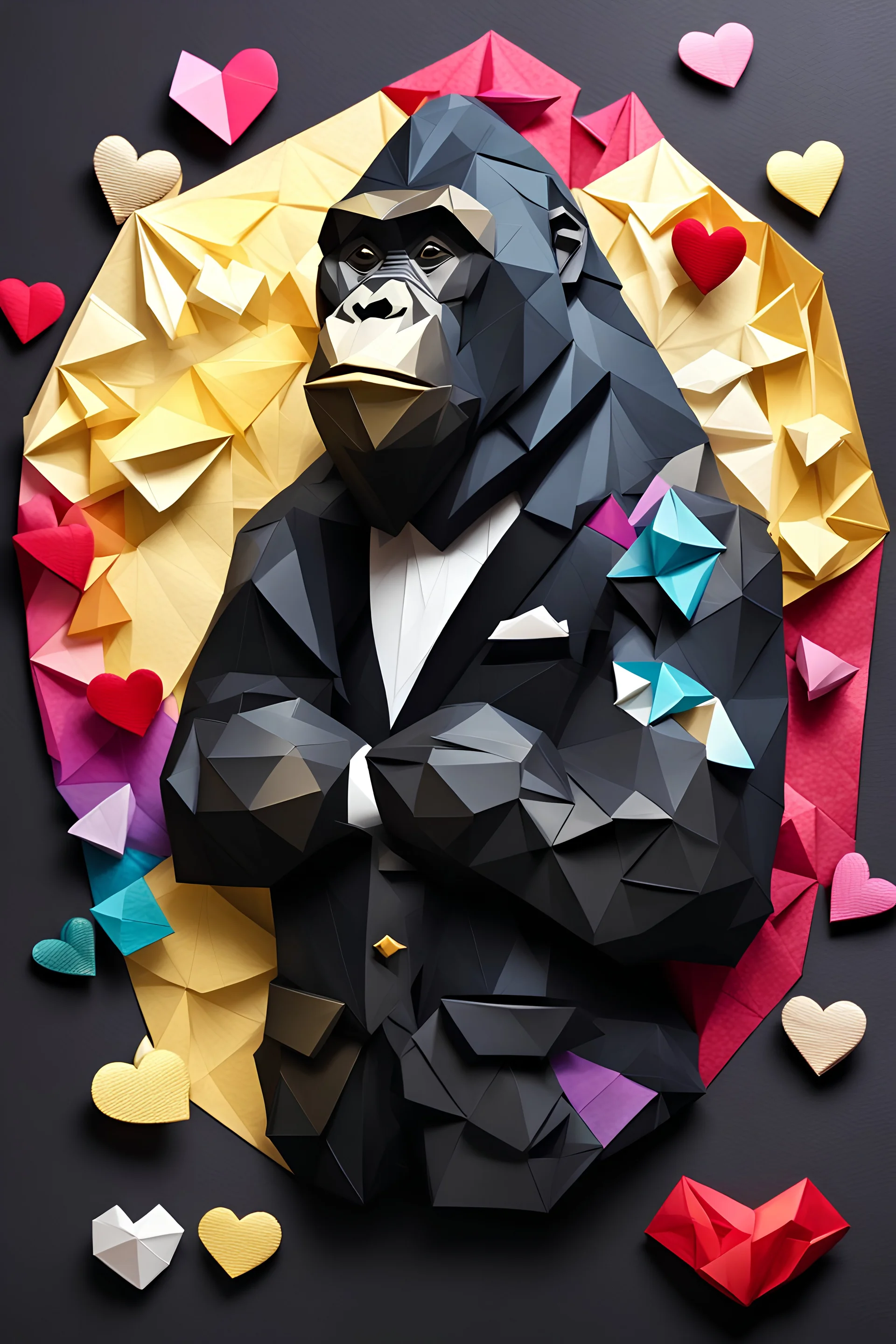 close up of a low poly origami of golden reflective metallic over size couple of gorilla wearing black tuxedo adn dress giving felt art patchwork depict valentine day emotion including rainbow to female gorilla