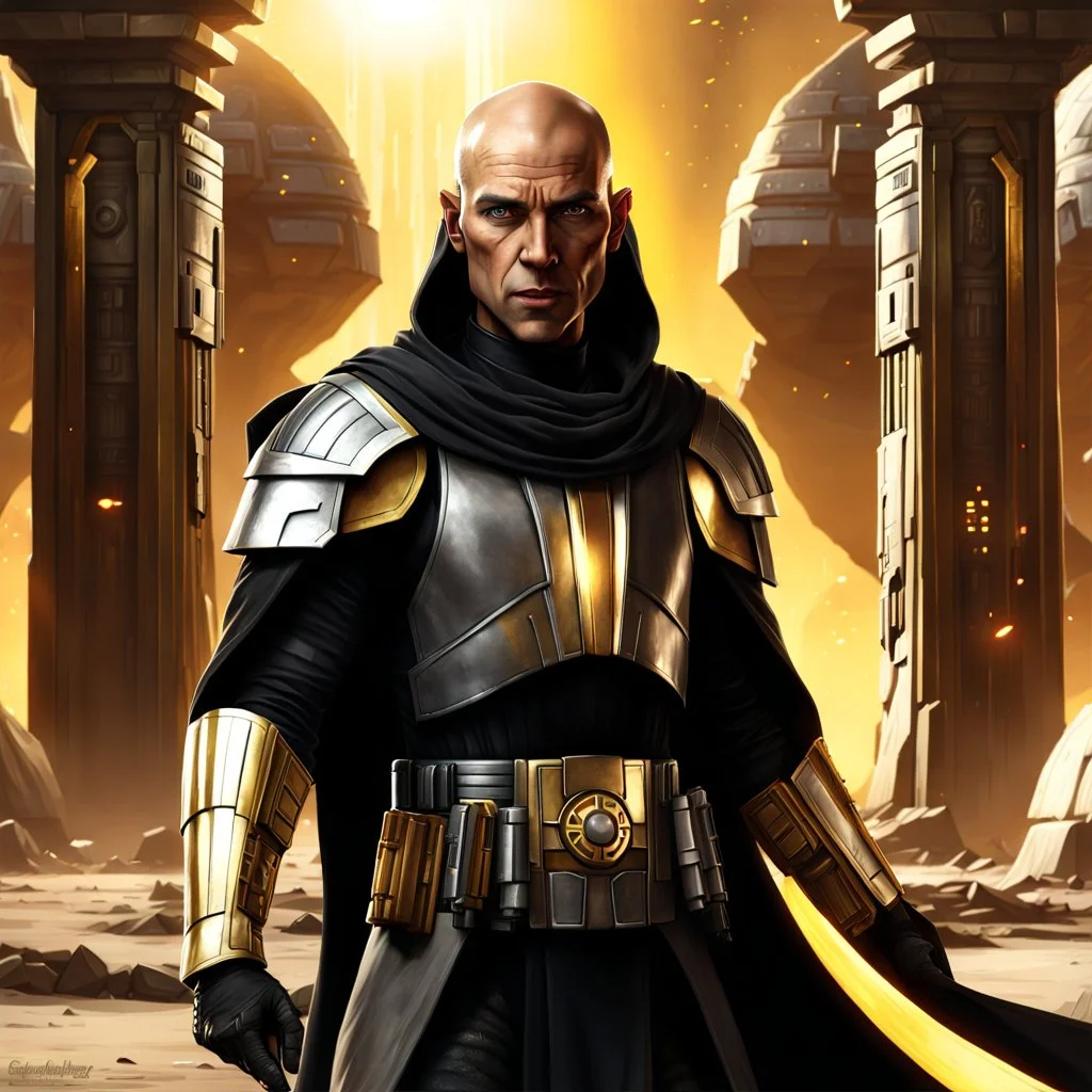 star wars bald male corellian jedi pilot wearing black and gunmetal grey old republic armored robes with gold trim, alone, battle-ready Jedi Master defending a ruined ancient city surrounded by golden light, centered head and shoulders portrait, hyperdetailed, dynamic lighting, hyperdetailed background, 8k resolution, volumetric lighting, light skin, fully symmetric details