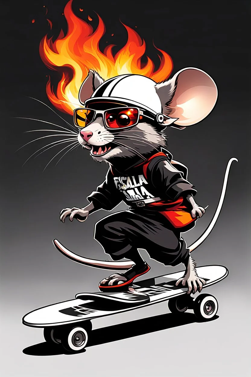 A rat on a skateboard, with glasses and a helmet; the rat laughs; fire coming from behind; cartoon style White ando black colors, with the text "FISCALIA COLOMBIA"